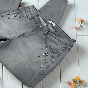KENSIE (28) Skinny Ankle Jeans Rhinestone Accents Grey Fading Stretch Mid-Weight